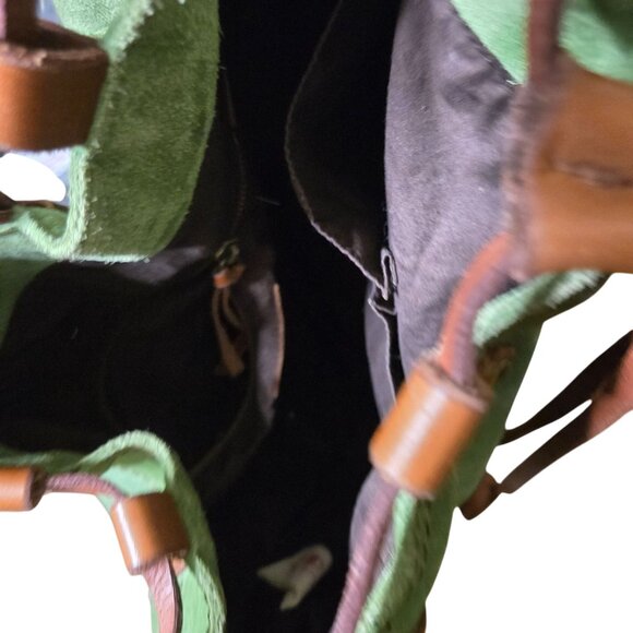 Lucky Brand Green Suede Brown Leather Trim Hobo Bucket Shoulder Bag 19"x14"x4" - Picture 10 of 13